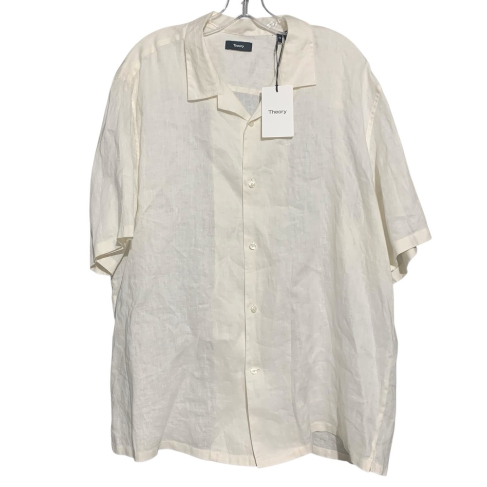 Theory Men's Cream Linen Casual Button Down Shirt